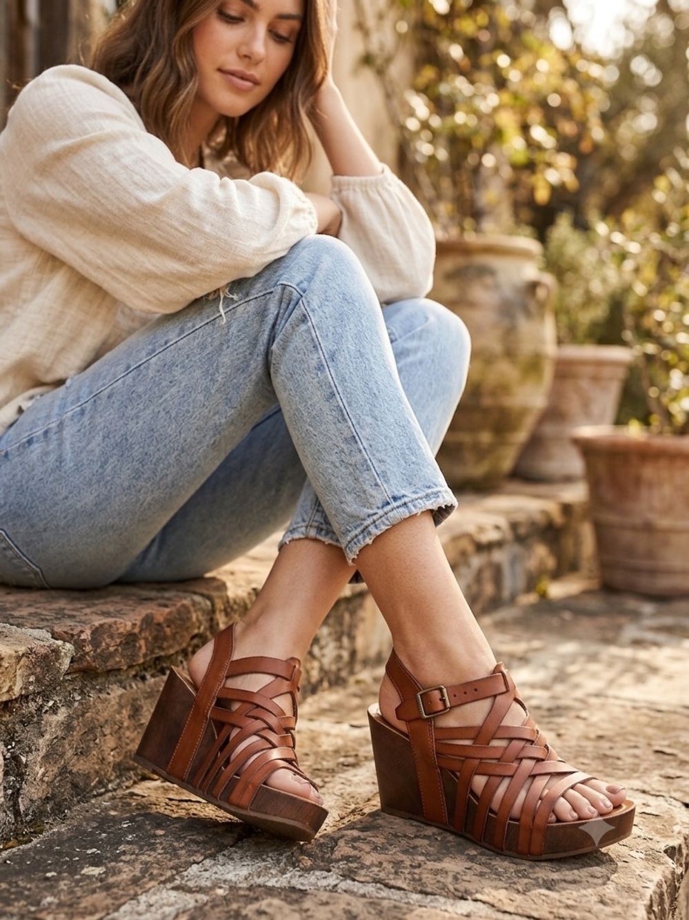 Blowfish AuroraWomen's Tan/Brown Leather Strappy Wedge Sandals with Ankle Buckle